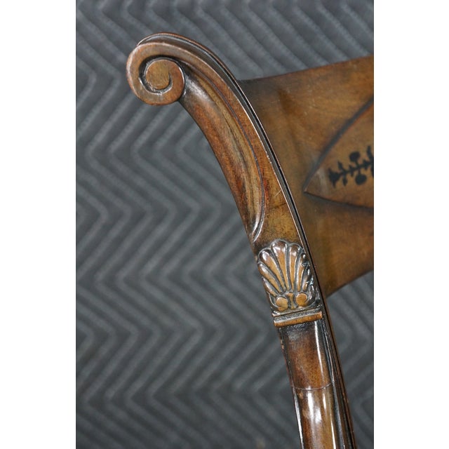 2 Antique English Sheraton Regency Style Mahogany Inlaid Floral Silk Arm Chairs For Sale - Image 9 of 18
