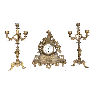 Vintage French Style Mantel Clock with Matching Candelabras, Set of 3 For Sale
