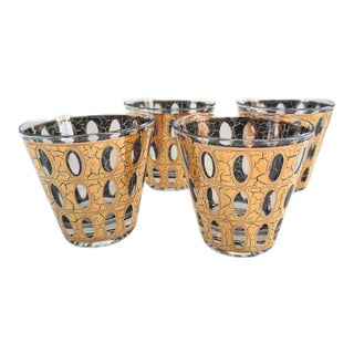 1960s Culver Mid Century Mod 1960's Pisa Old Fashioned Rocks Glasses 22k Gold Over Green - Set of 4 For Sale