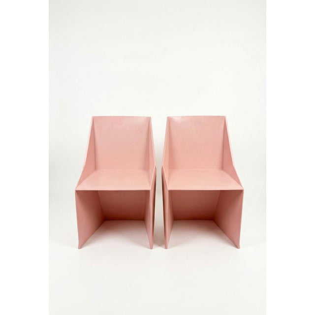 A pair of Postmodern side chairs by Merryfair from the Juvel line, repainted in a fun pink. These chairs embody the late...