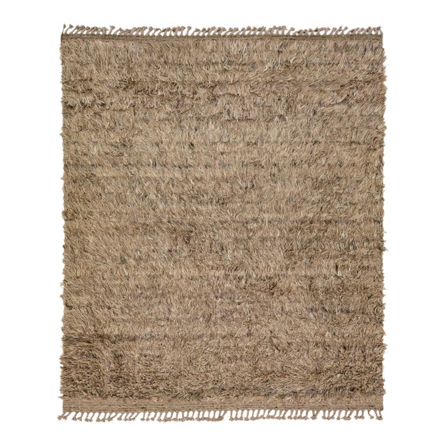 Modern Moroccan Style Wool Rug in Solid Brown For Sale
