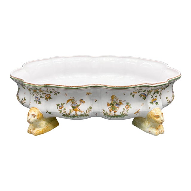 Large 18th Century Style French Hand-Painted Faience Foot Bath (Pédiluve) / Centerpiece Bowl by Nicole Tilloy – Rococo Revival / French Country For Sale