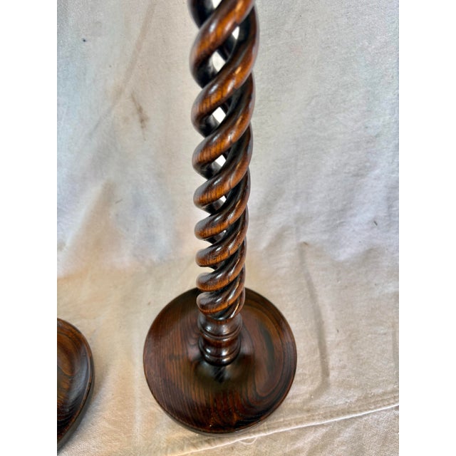 Brown 19th Century English Oak Open Barley Twist Candlesticks - A Pair For Sale - Image 8 of 12
