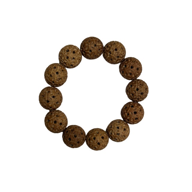 Natural Sandalwood Pattern Carving Beads Hand Rosary Praying Bracelet For Sale In San Francisco - Image 6 of 7