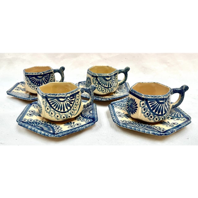 Blue Vintage Signed Quimper Blue Cups and Saucers Set- 8 Pieces For Sale - Image 8 of 10