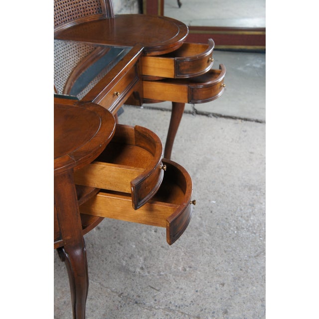 Mid 20th Century French Louis XVI Caned Cherry Mirrored Kidney Dressing Vanity Desk For Sale - Image 6 of 12