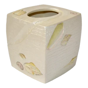 1990s Nautical Coastal Hand Painted Resin Tissue Box Cover Sea Shells Mother of Pearl Finish