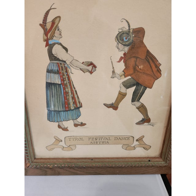 Vintage Hand-Painted Prints of Traditional Dance - Mexico & Austria PAIR Height: 13.75" Width: 11.5" Depth: 0.5"