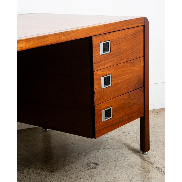 Wood 1960s Mid Century Modern Desk Solid Walnut Executive Office 3 Drawer Floating Chrome For Sale - Image 7 of 12