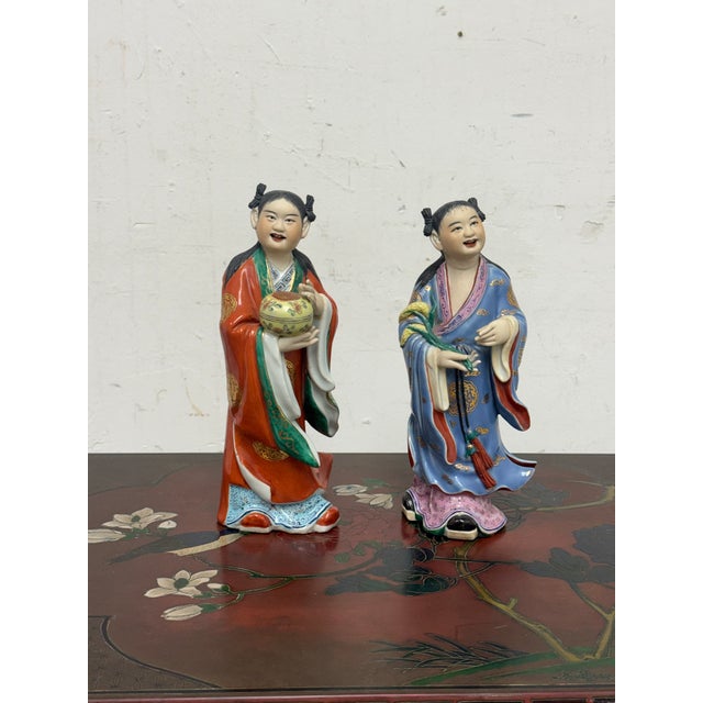 Traditional Famille Rose Porcelain Deity Figurines, Set of Two For Sale - Image 3 of 12