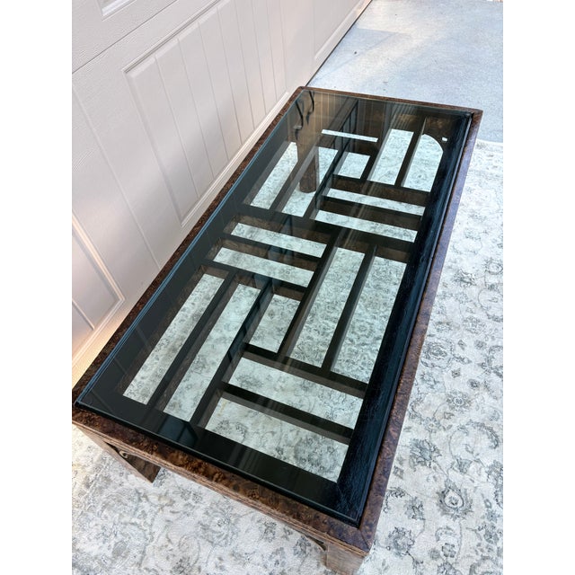 Chinoiserie Vintage Burl Finish Chinoiserie Coffee Table With Glass For Sale - Image 3 of 12