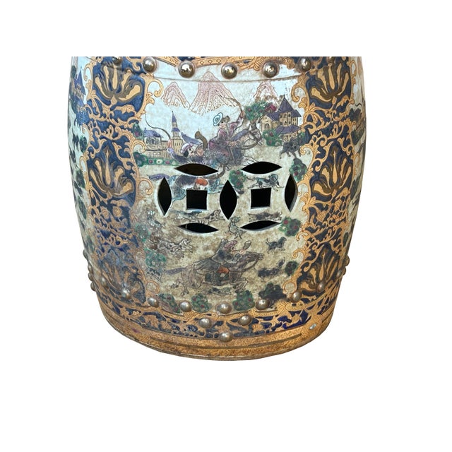 Vintage Oriental Chinoiserie Western Graphic Porcelain Stool Table Ottoman For Sale - Image 9 of 9