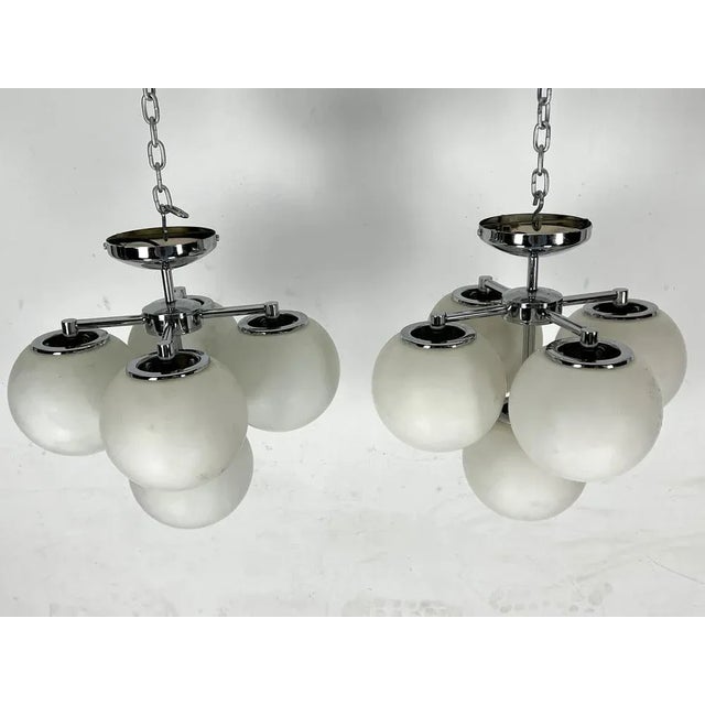1980s Vintage Space Age Ceiling Lamps in Chrome and Opaline Glass. Italy 1980s , Set of 2 For Sale - Image 5 of 9