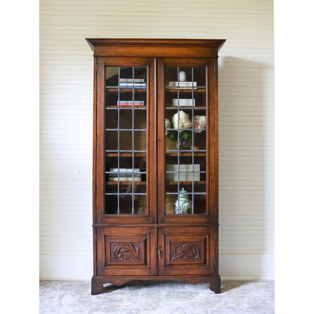 Early 20th Century Antique English Oak Leaded Glass Bookcase, Cabinet For Sale - Image 5 of 10