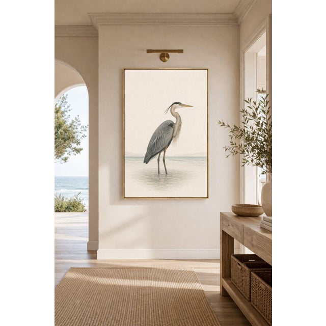 Traditional Great Blue Heron Coastal Study, Neutral Bird Wall Art Print, 24″ × 36″ Reproduction For Sale - Image 3 of 10