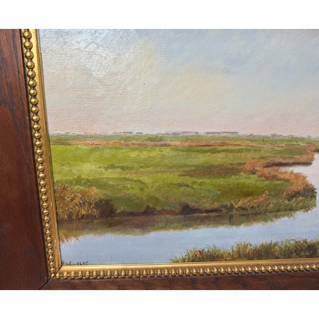 Paint Antique 1895 Original Realistic Marsh Land Landscape 19th Century Oil Painting For Sale - Image 7 of 14