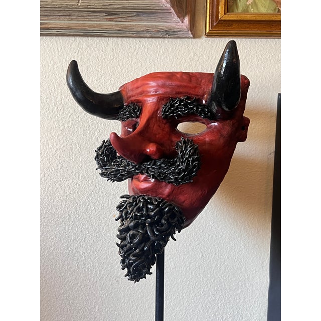 Rare Vintage Decorative Hand Carved & Painted Sculptural Display Mask Representing a Devil For Sale - Image 4 of 13