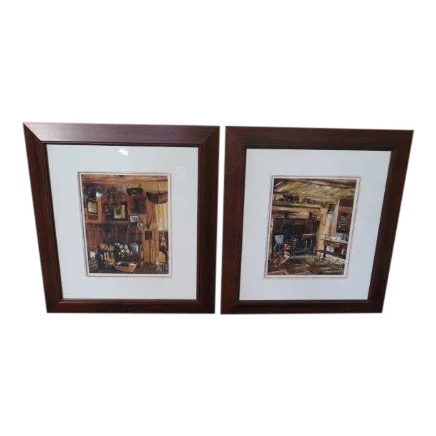 Large Farmhouse Framed & Matted Prints - a Pair For Sale