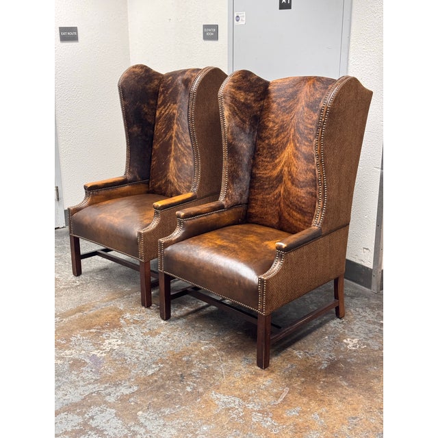 Traditional Paul Robert Lexie Hide Wingback Chairs, Pair For Sale - Image 3 of 12