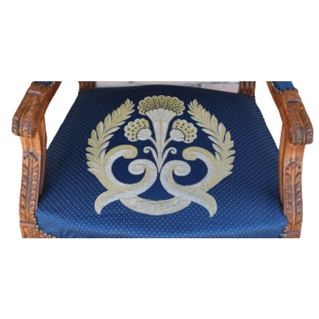 Blue Antique Carved Oak Armchairs Upholstered in French Blue Silk Fabric W/ Gold & Silver Thread Accenting - Pair For Sale - Image 8 of 13