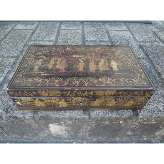 Antique Chinese Hand Decorated Lacquer Decorative Box For Sale - Image 9 of 11