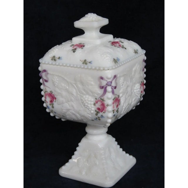Westmoreland Glass Westmoreland Milk Glass Beaded Edge Square Grape Pedestal Candy Bowl For Sale - Image 4 of 11