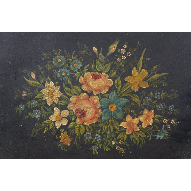 Antique Rectangular Painted Floral Toleware Tray Serving Platter With Handles For Sale - Image 11 of 12