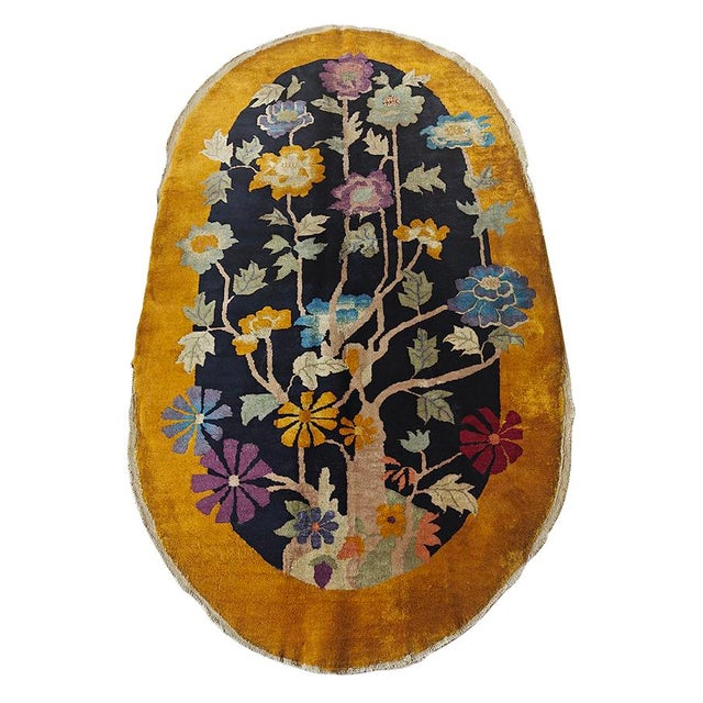 1920s Black Floral Antique Chinese Art Deco Rug 4'2"x6'10" Oval Handknotted Wool Carpet For Sale - Image 10 of 11