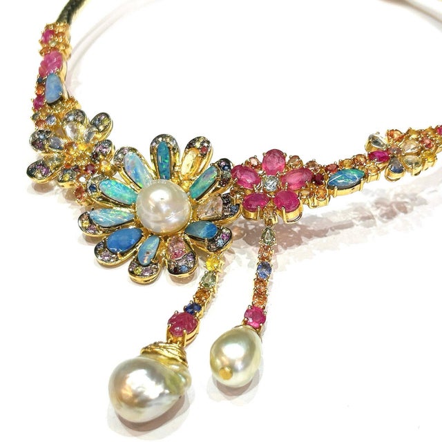 Bochic "Orient" Opal, Multi Sapphires & Rubies Necklace Set In 18K Gold & Silver For Sale - Image 4 of 7
