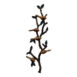 Vintage Cast Metal Birds on Branch Wall Sculpture With Verdigris Patina For Sale