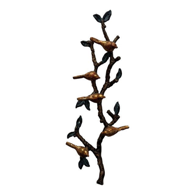 Vintage Cast Metal Birds on Branch Wall Sculpture With Verdigris Patina For Sale