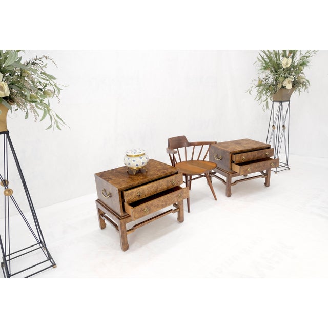 Mid-Century Modern Pair of Burl Asian Campaign Fusion 2 Drawer Night Stands End Table Brass Pulls For Sale - Image 3 of 15