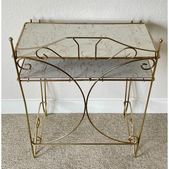 Hollywood Regency Mid Century Pearl-Wick Brass Bathroom Toiletry Stand With Marbleized Shelving For Sale - Image 10 of 13
