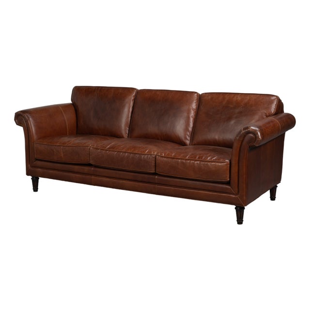 English Rolled Arm Leather Sofa in Chestnut Brown For Sale