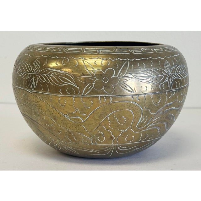 Indian Vintage Etched Floral Brass Bowl For Sale - Image 3 of 7