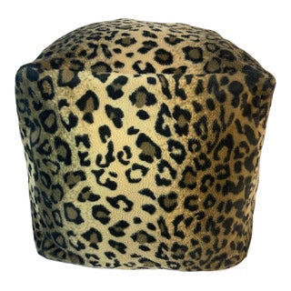 Vintage Hollywood Regency Boho Chic Leopard Print Chenille Pouf Style Footstool. For Sale