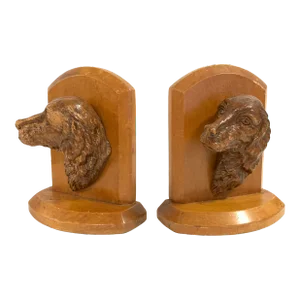 Vintage Mid 20th Century Wood Hunting Dog Bookends- a Pair