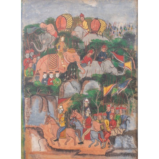 Southeast Asian School, Battle Scene Painting, Gouache on Linen, circa 1900, giltwood frame. Image: 24" H x 17.5" W;...