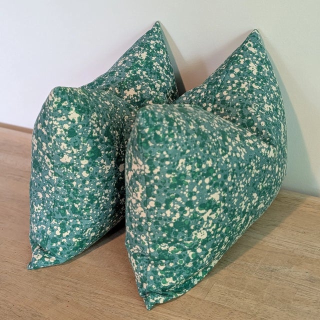 Heavy weight linen turquoise splatter print lumbars, with invisible zippers and professionally serged seams. PAIR of...