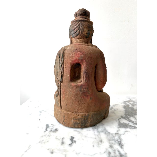 Guan Yin Meditating Buddha Carved Wood Figure.