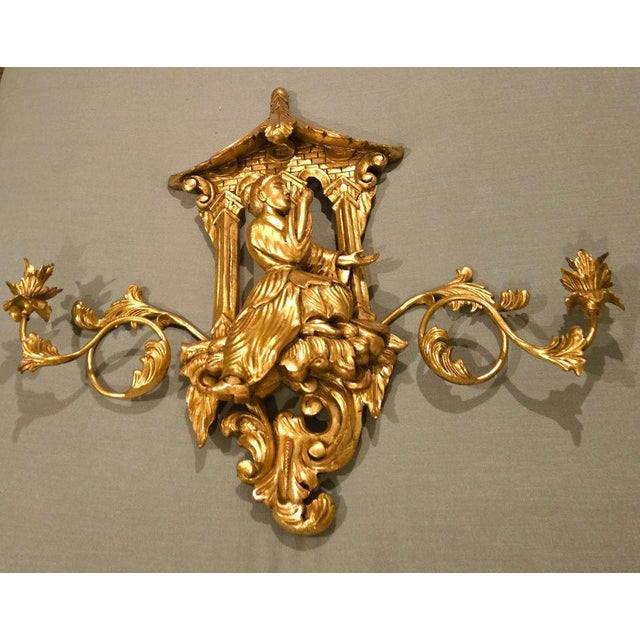 Wood Mid 20th Century Pair of Asian-style Gilded Wall Sconces For Sale - Image 7 of 11