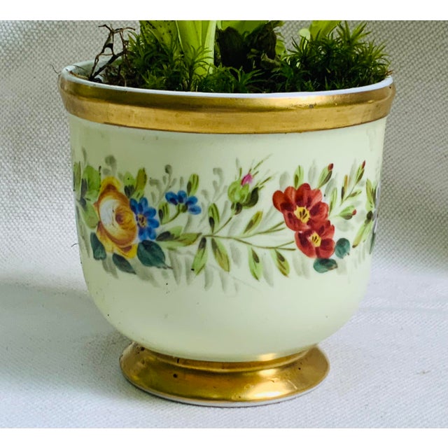 Gold Vintage Hand-Painted Porcelain Cachepots, Floral With Gilt Rim - A Pair For Sale - Image 8 of 18