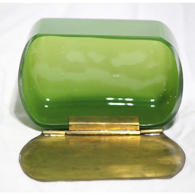 Antique Opaque Green Glass Dresser/Powder Box With Brass Lid For Sale - Image 4 of 7