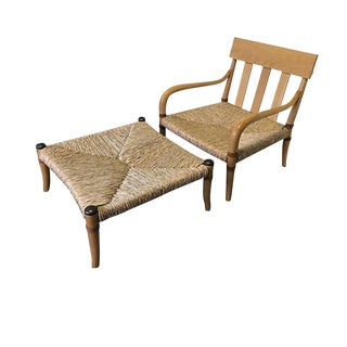 Beech & Woven Raffia Chair & Leather Ottoman For Sale
