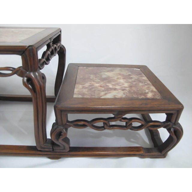 Antique Chinese Marble Inset Carved Wood 3 Step Tier Scholar Display Stand For Sale In Portland, OR - Image 6 of 14