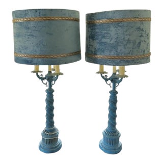 Vintage Hollywood Regency Distressed Robin’s Egg Blue Barley Twist Candelabra Table Lamps With Custom Velvet Shades - a Pair For Sale