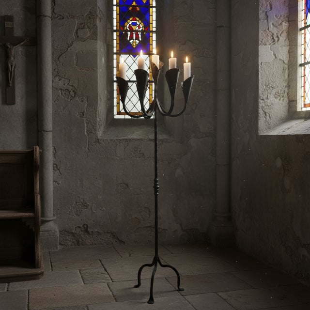 2020s Hand Forged Iron Floor Candelabra 49″ (124cm) Antique Copper Patina 5-Arm Lily Cup Candle Holder Rustic Church Decor For Sale - Image 5 of 8