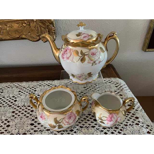 Beautiful hand painted antique 3 piece Tea Set #2385 designed by Moritz Zdekauer from Austria. Raised gold painting on...