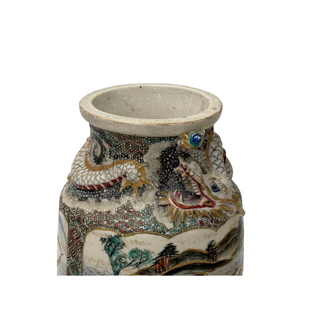 Vintage Asian Satusma Ceramic Handpainted Samurai Relief Dragon Motif Vase For Sale - Image 10 of 18