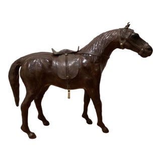 Mid 20th Century Hand Crafted Leather Wrapped Chestnut Horse Statue/Sculpture With Saddle and Stirrups For Sale